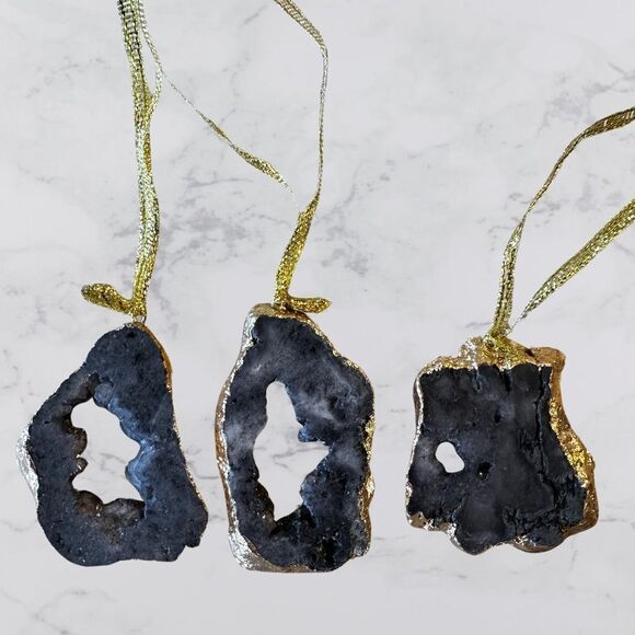Beautiful Gold Rimmed Genuine Agate Ornamentnts. Set of 3. Handmade. Brand New. - Picture 1 of 4
